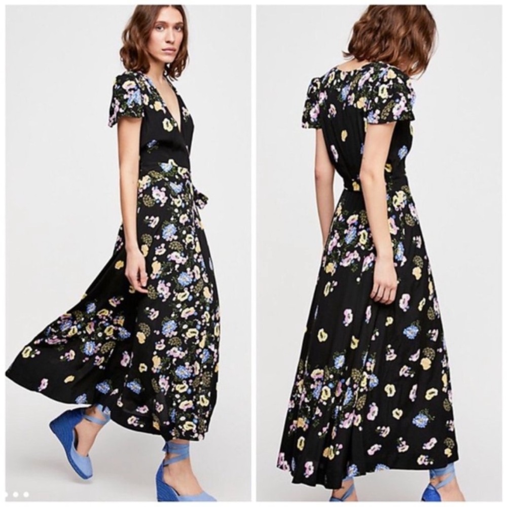 Free People Black Floral Low V Neck Maxi Wrap Dress - Picture 2 of 10
